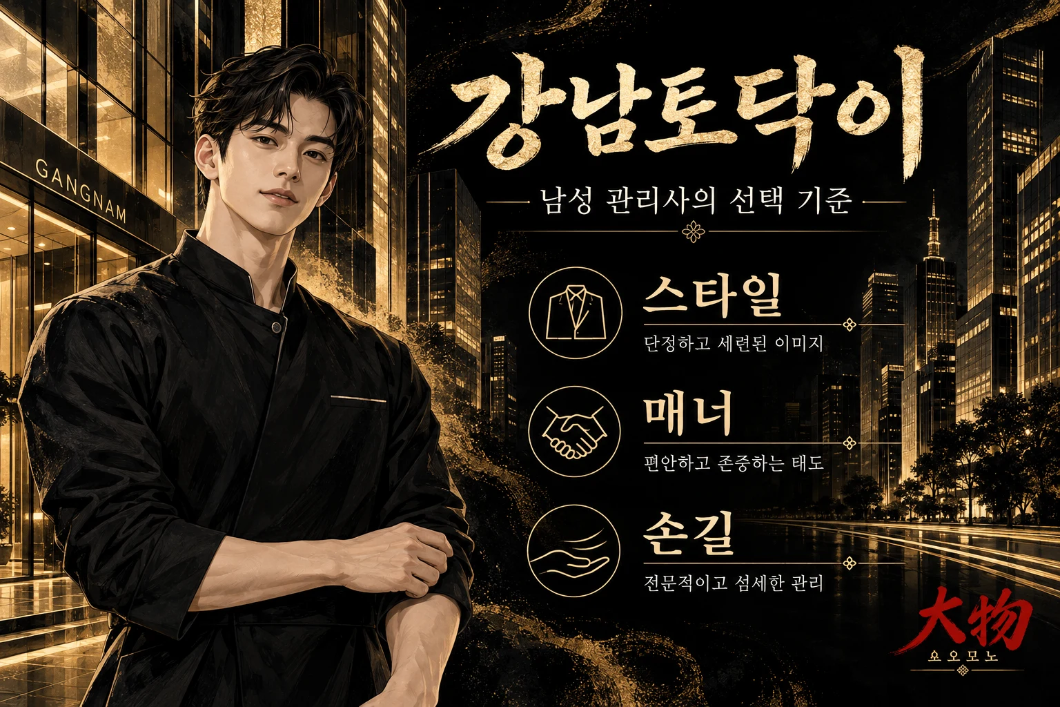 강남토닥이 소속 남성 관리사의 스타일과 매너, 관리 방식을 설명하는 일러스트