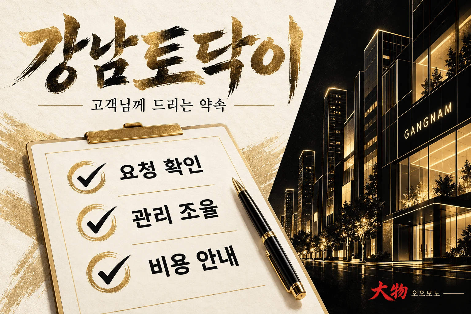 요청 확인, 관리 조율, 비용 안내에 관한 강남토닥이의 서비스 약속