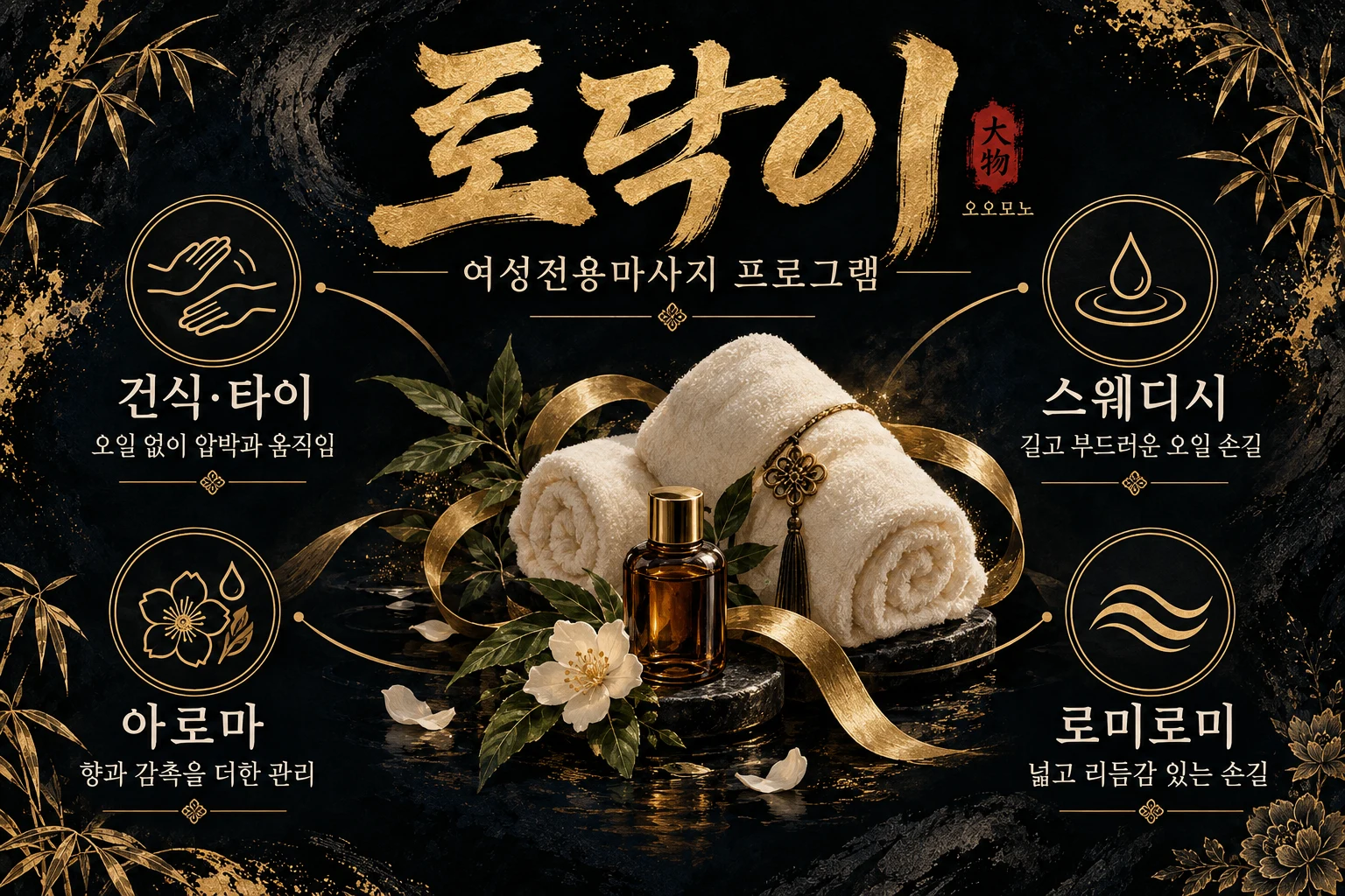 토닥이의 건식·타이와 스웨디시 및 아로마와 로미로미 마사지 프로그램을 소개하는 인포그래픽.