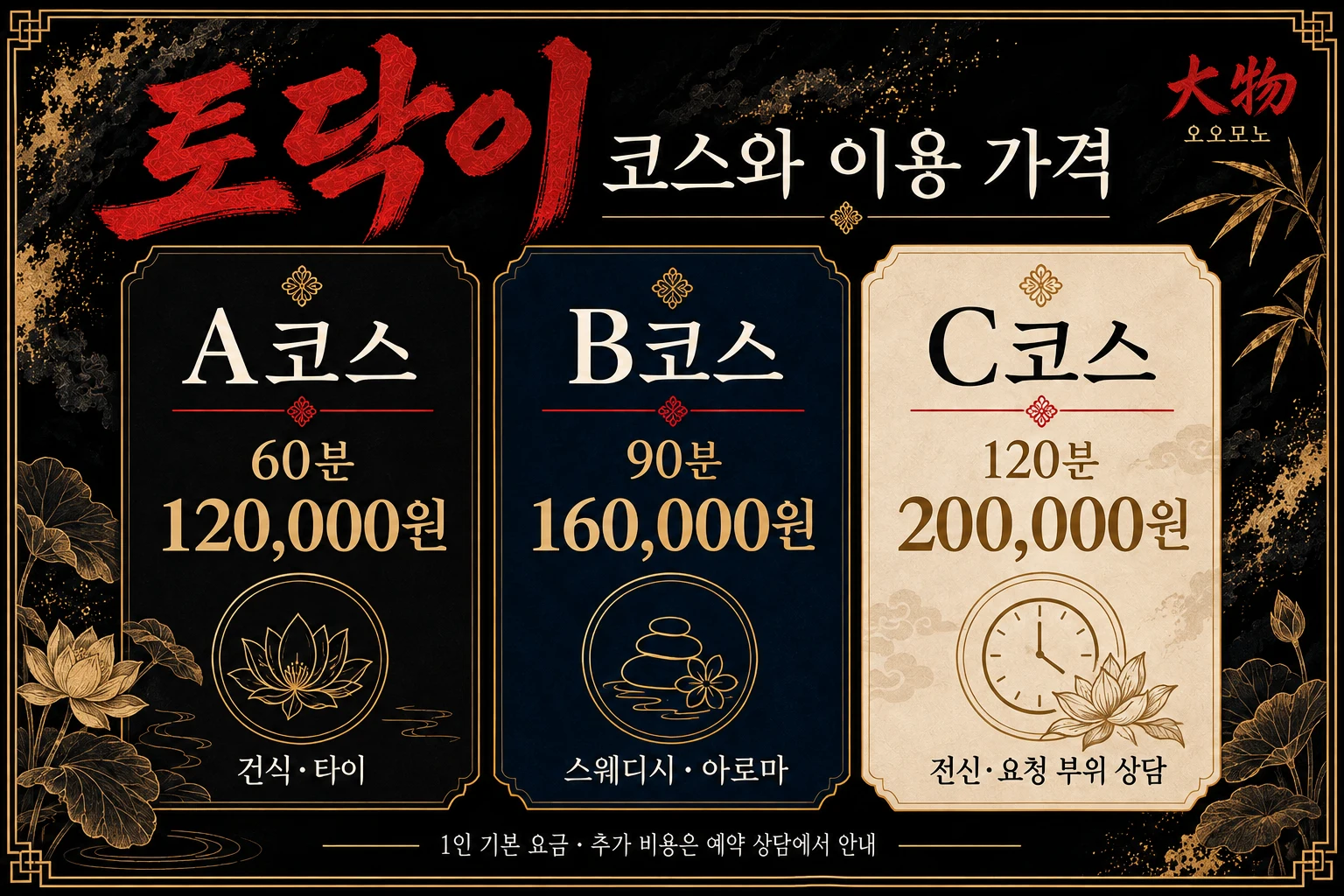 토닥이 여성전용마사지의 코스별 관리 시간과 가격 및 구성 선택을 안내하는 인포그래픽.