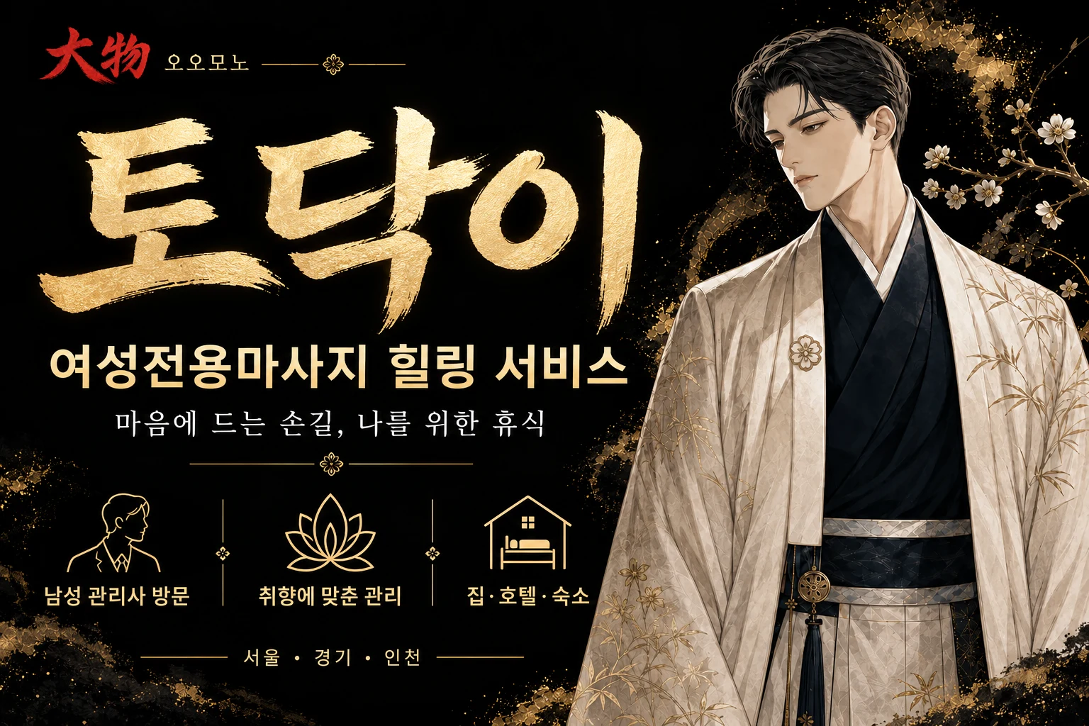 토닥이와 大物 오오모노 캐릭터가 여성 고객을 위한 남성 관리사 방문 마사지 서비스를 소개하는 인포그래픽.