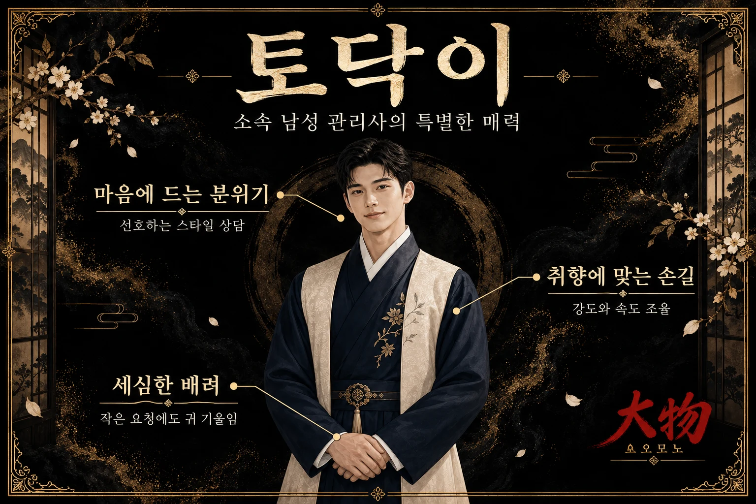 토닥이 소속 남성 관리사의 매력과 원하는 손길 및 세심한 배려를 설명하는 인포그래픽.