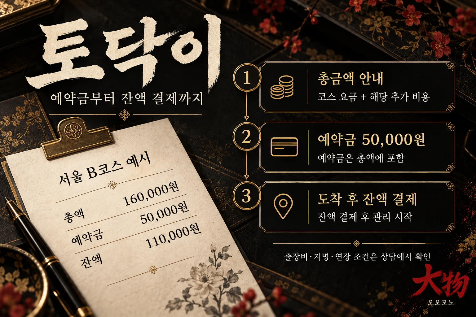 토닥이 예약금과 잔액 결제 및 출장비 등 이용 비용을 안내하는 인포그래픽.